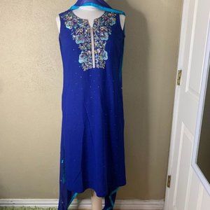 Pakistani Indian Sequined Wedding Embroidered Party Dress Blue Medium 2 pc